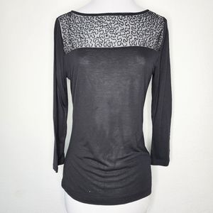 Lauren Ralph Lauren Sz S Black Beaded Embroidered Top w Sheer Mesh Panel